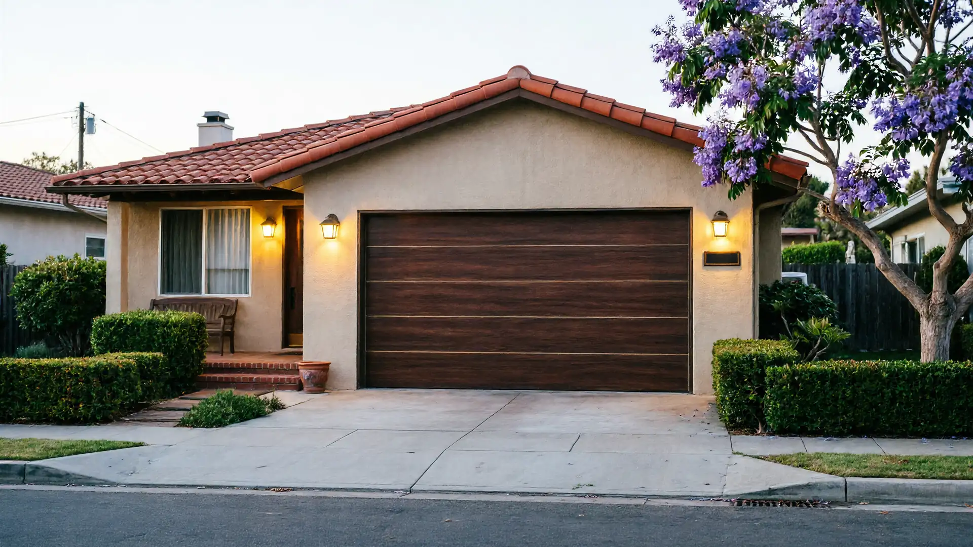 A house with a brown garage door and a purple flowering tree in the front yard.