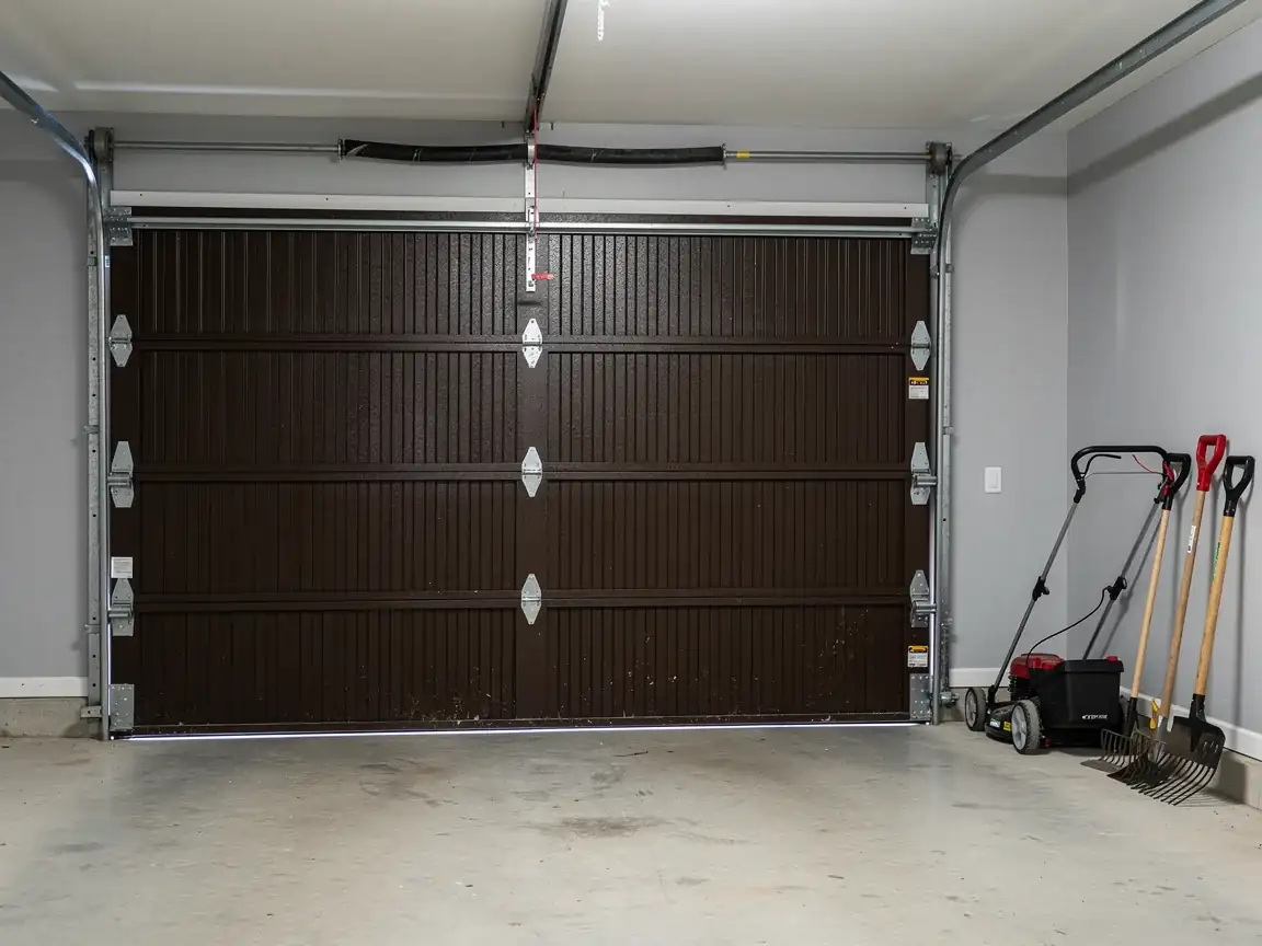 A brown garage door is closed with a lawnmower and tools to the right.