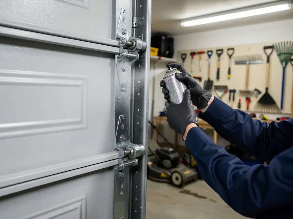 A technician in black gloves sprays lubricant on a garage door hinge and roller.
